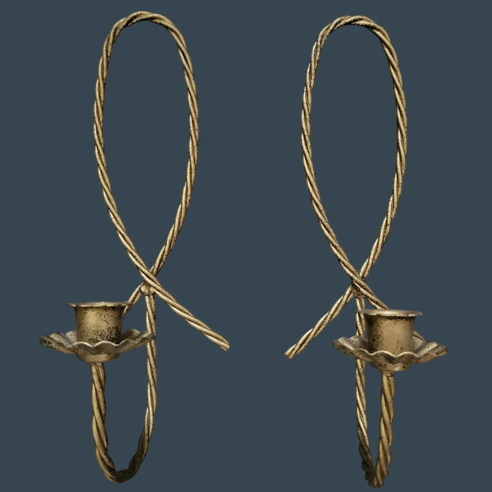Vintage MCM Wall Candle Holder & Sconce Set Gold Tone Gilt Metal Rope Twisted